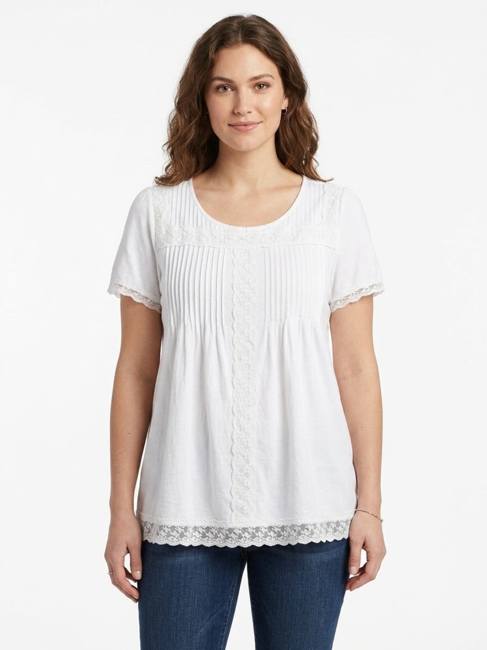 Woman Within White Lace-Trim Pintuck Tunic